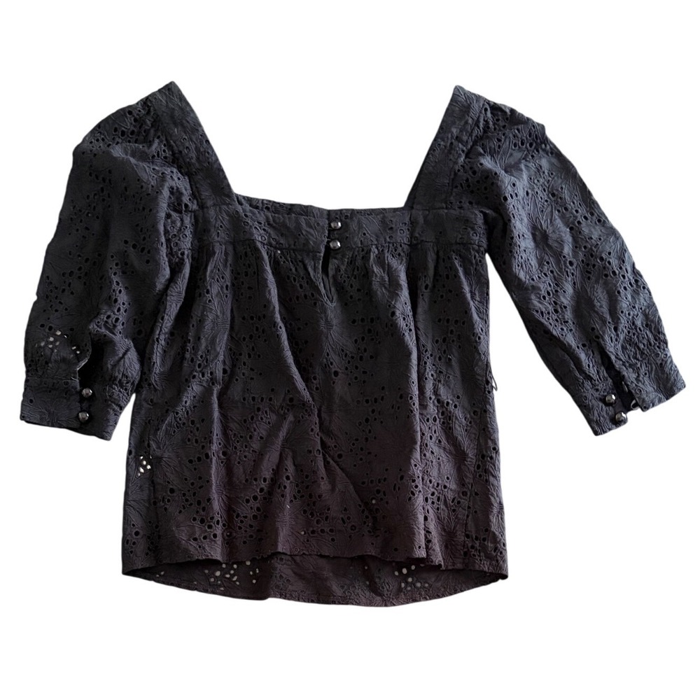 Milly of New York Black Eyelet Cotton Puff Sleeve Blouse Square Neck Size 8